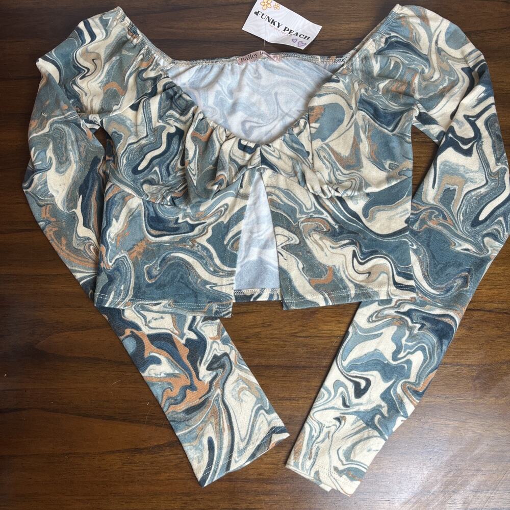 NEW Bailey Rose Crop Top Cream Blue Marble Print Sz Medium Festival Club Y2k 90s